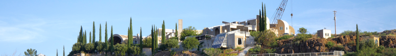 View of Arcosanti from the southeast, showing buildings from Crafts III on the far left to the guestrooms in the right foreground.
