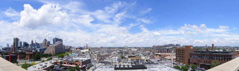 Panoramic view taken from the Homewood Suites balcony in Downtown Baltimore with a FinePix S700. Photomerged in CS5 using 10 photos.