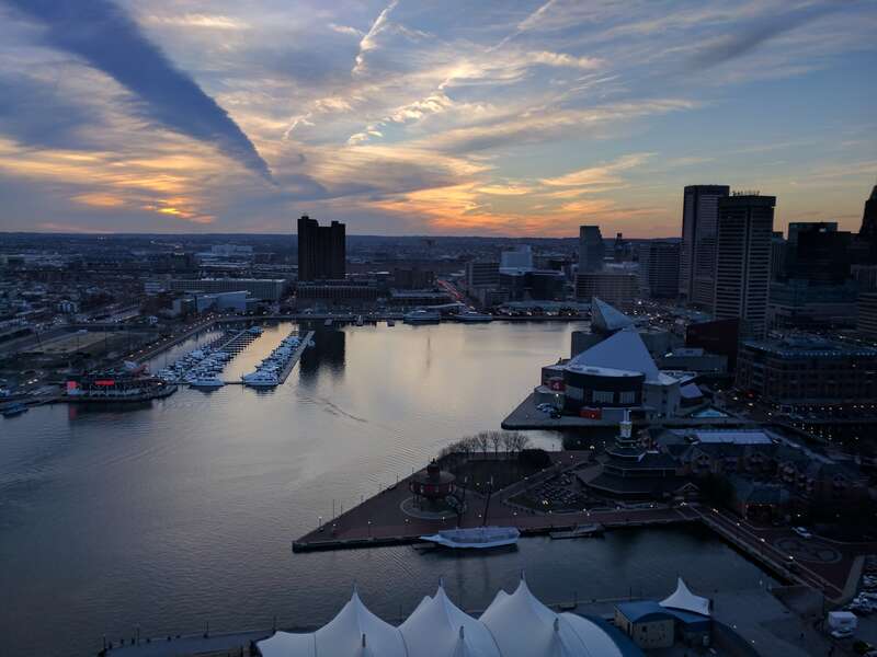 Sunset at Baltimore's Inner Harbor, Feb 2017, from the hotel Baltimore Marriott Waterfront.