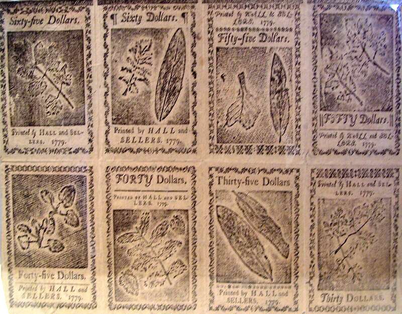 The back (or reverse) of a sheet of 1779 uncut Continental currency. The nature print design was developed by Benjamin Franklin for use on Pennsylvania currency in the decades before the American Revolution. Since no two leaves are alike, it was