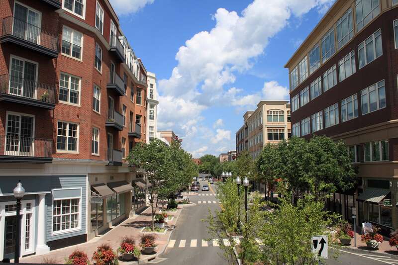 Blue Back Square shopping district in West Hartford, Connecticut, from the second level of a parking garage