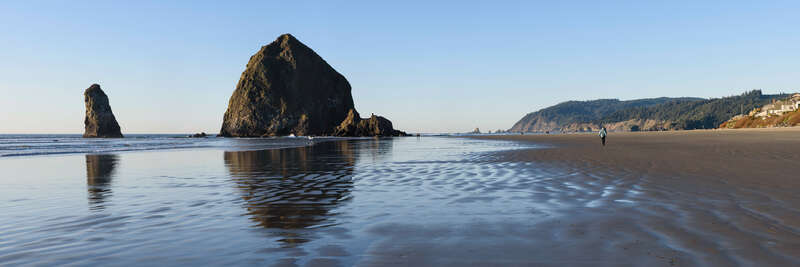 Five-segment panorama of Haystack Rock and the Needles, Cannon Beach, Oregon.