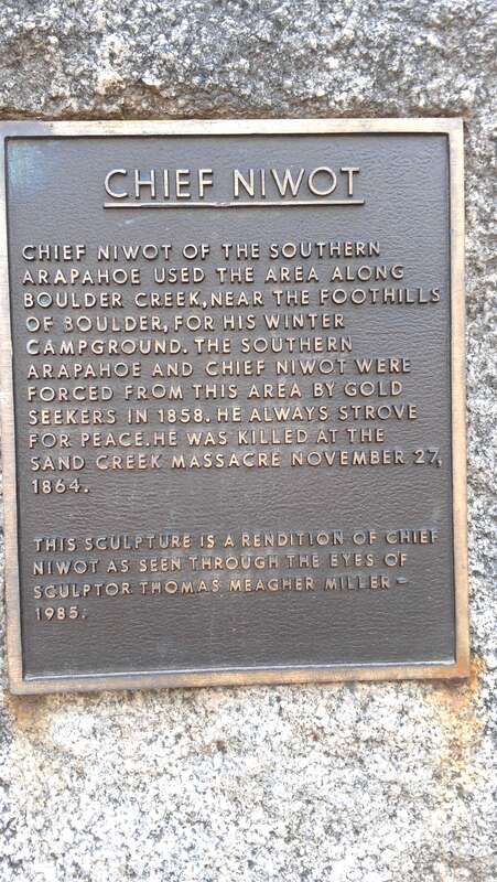 w:Chief Niwot Plaque, on the sculpture of him in the Boulder Sculpture Garden, southwest corner of 9th and Canyon in Boulder Colorado, US.