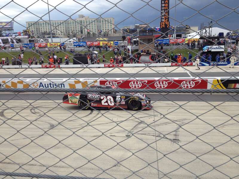Erik Jones (#20) drives by on the frontstretch after winning the Ollie's Bargain Outlet 200 at Dover International Speedway.