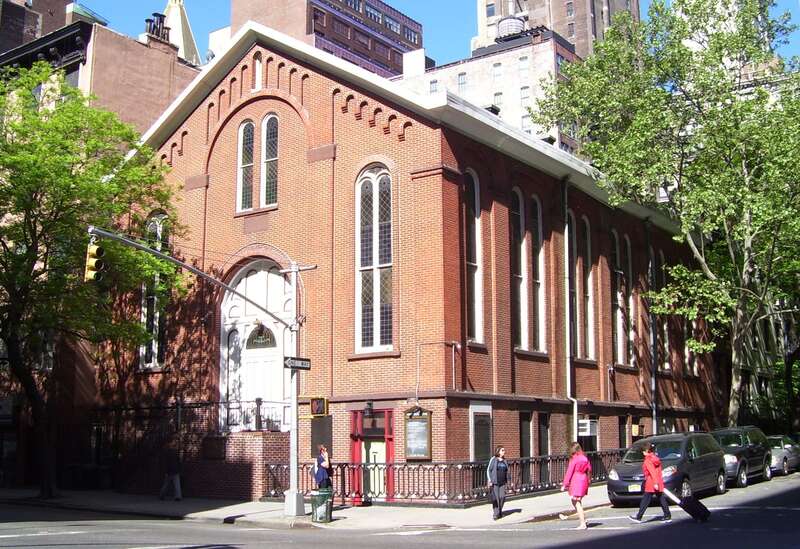 The First Moravian Episcopal Church at 154 Lexington Avenue on the corner of East 30th Street in the Rose Hill neighborhood of Manhattan, New York City was built c.1845 in Romanesque Revival style as the Rose Hill Baptist Church, which became the