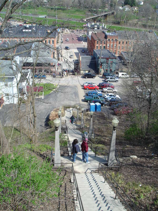 View of downtown Galena from corner of Prospect Street and Green Street, overlooking Bench and Main Street. Part of the Galena Historic District, Galena, Illinois, USA. U.S. National Register of Historic Places.