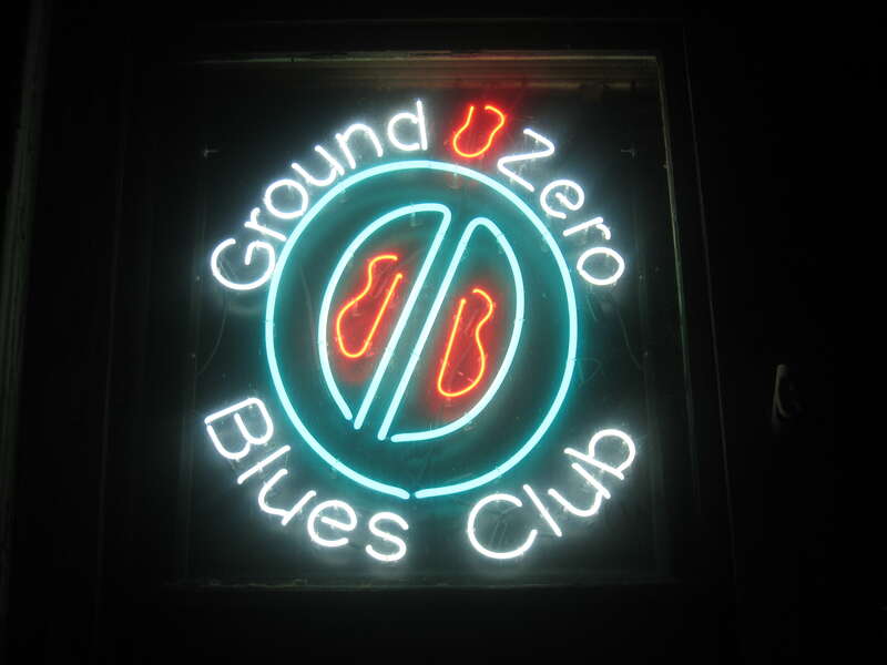 The sign of Ground Zero Blues Club, Clarksdale, Mississippi, United states, at night.