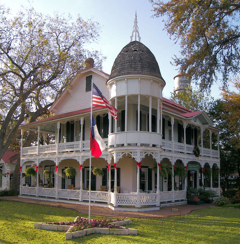 The Gruene Family Home located in Gruene, Texas, United States decorated for Christmas. The house was built in 1898 and listed on the National Register of Historic Places on April 21, 1975 as a contributing building to the Gruene Historic District.
