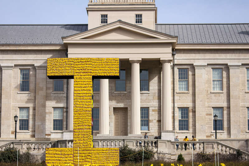 A giant "I" made of corn sits in front of the Old Capitol.

The University of Iowa defeats the University of Illinois in its 2015 Homecoming game 29-20. The Hawkeyes are now 6-0 to start the season, and ranked #17 in the nation.