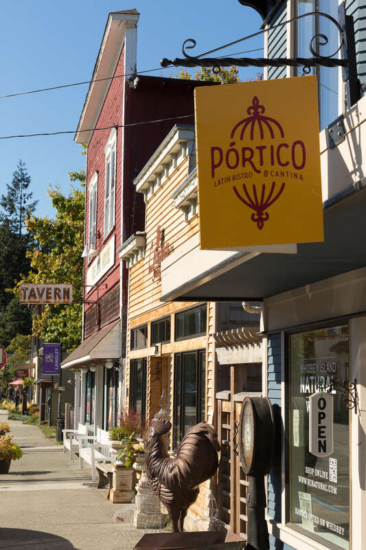 Main Street sidewalk and storefronts in Langley, Whidbey Island