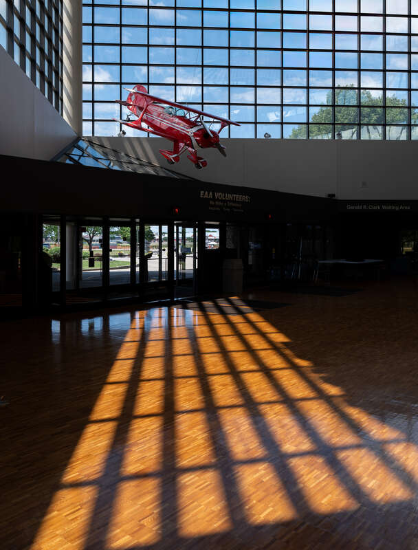 Museum lobby with a Pitts S-1 Special  aircraft, EAA Aviation Museum, Oshkosh, Wisconsin, US