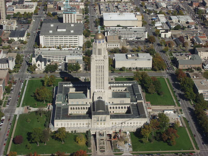 Aerial image of the Nebraska State Capitol building.