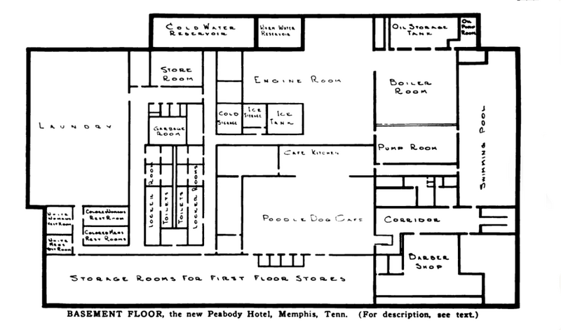 Basement floor plan, Peabody Hotel, 149 Union Avenue, Memphis, Tennessee. Substantial renovations have occurred since the original design. Opened 1925. Publication date 1925.