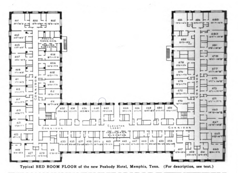 Typical floor plan, Peabody Hotel, 149 Union Avenue, Memphis, Tennessee. Substantial renovations have occurred since the original design. Opened 1925. Publication date 1925.