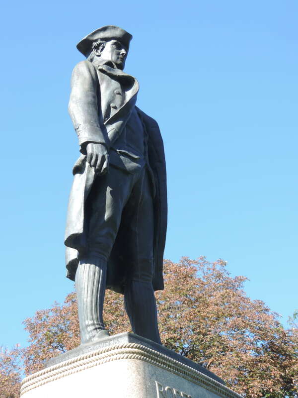 Looking west and up at Randall statue, late on a sunny morning. A cast of the Augustus Saint-Gaudens original.