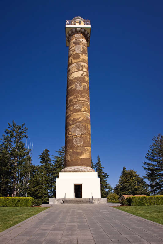 The Astoria Column is a tower overlooking the mouth of the Columbia River on Coxcomb Hill in the city of Astoria in the U.S. state of Oregon. Built in 1926.