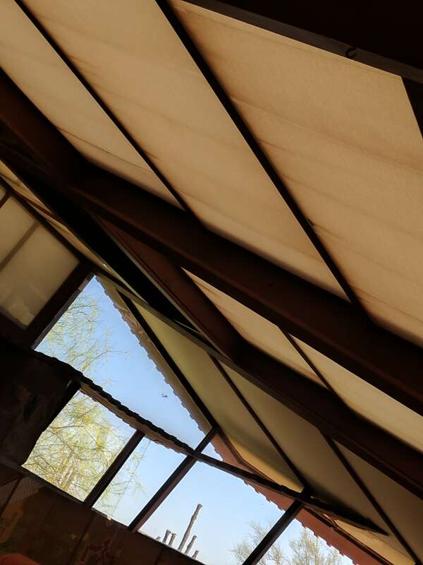 This ceiling showcases lasting brilliant design, practicality, and inspiring angles.  Designed by Frank Lloyd Wright and built in 1937, this ceiling allows for natural light, shade, and fresh air circulation while artists beneath create and toil. The