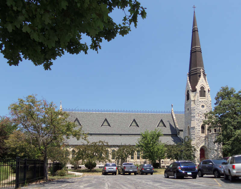 Trinity Episcopal Cathedral in Davenport, Iowa. This is the south elevation showing the bell tower and spire.