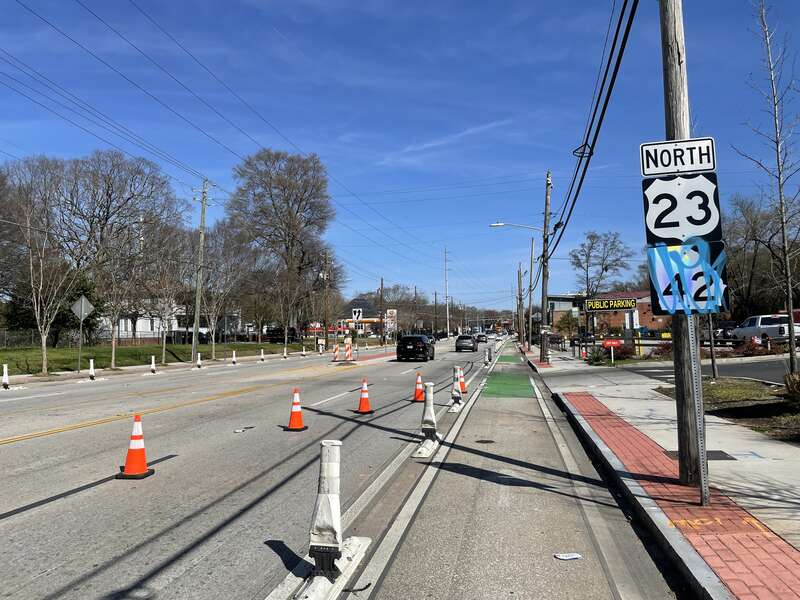 Northbound U.S. Route 23/Georgia State Route 42 (Moreland Avenue) past the interchange with DeKalb Avenue in Atlanta, Georgia