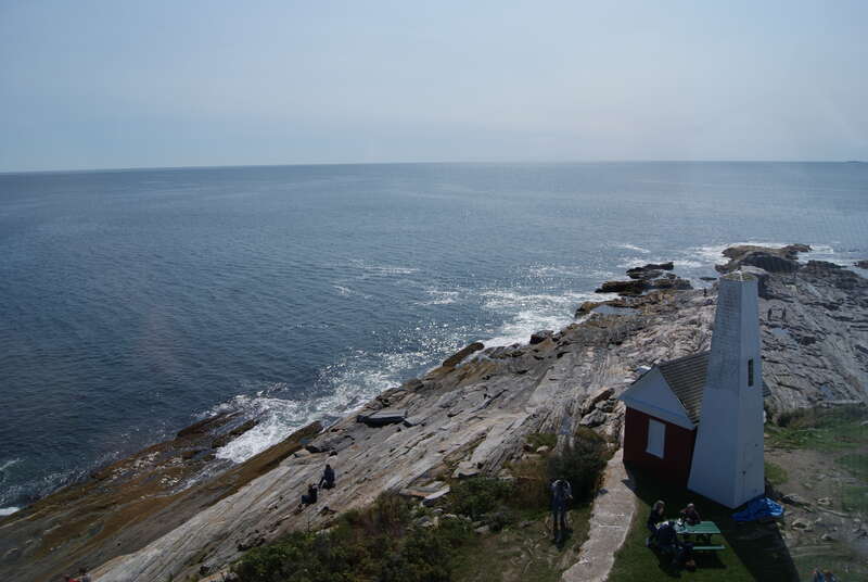 A view of Muscongus Bay from the top of Pemaquid Point Lighthouse in Bristol, Maine, USA.
