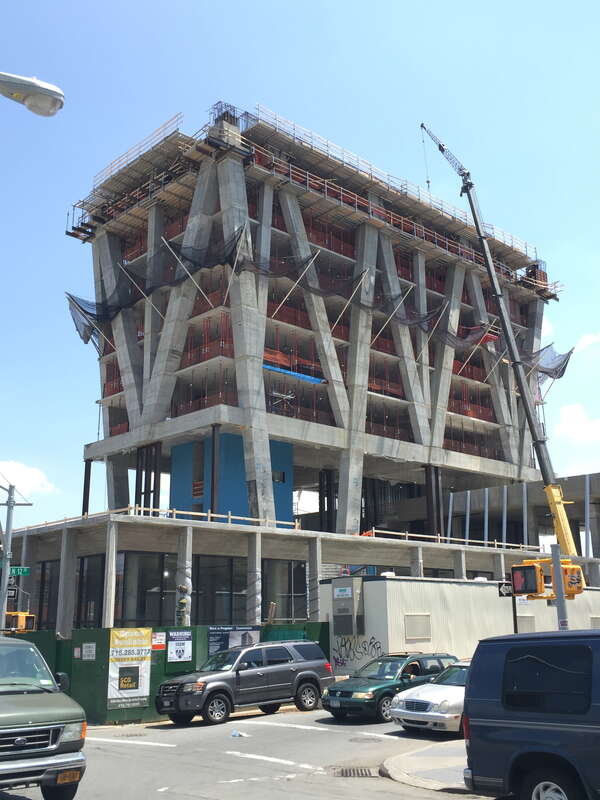 The William Vale Hotel is a high-rise hotel under construction at 55 Wythe Avenue in Williamsburg in Brooklyn, New York City, New York. Photographed by Quercus montana on June 10, 2015.