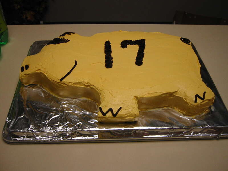 Yellow Pigs Day cake at HCSSiM at Hampshire College on July 17 (Yellow Pigs Day) 2004.