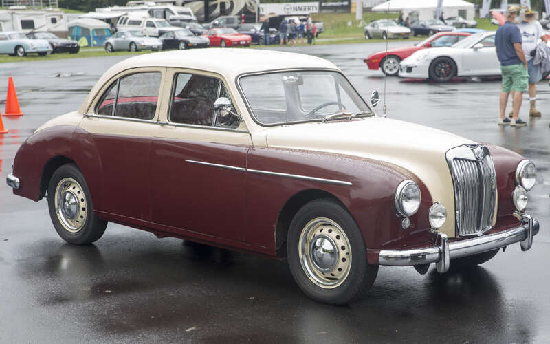 1958 MG Magnette ZB parked at the 2021 Lime Rock Historic Festival. Has been restored and painted two-tone cream/maroon, but not a genuine Varitone.