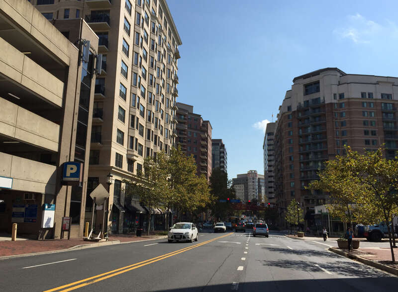 View south along Maryland State Route 187 (Old Georgetown Road) at Moorland Lane in Bethesda, Montgomery County, Maryland