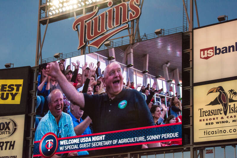 U.S. Department of Agriculture (USDA) Secretary Sonny Perdue spends time with USDA employees at Target field to meet with and watch a Minnesota Twins (vs. Rangers) baseball game, during USDA Night, in Minneapolis, MN, on August 6, 2017. Following a