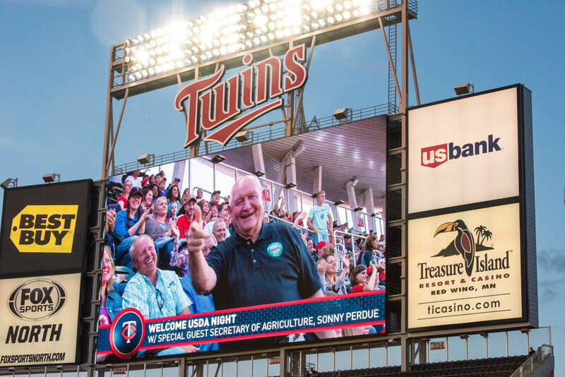 U.S. Department of Agriculture (USDA) Secretary Sonny Perdue spends time with USDA employees at Target field to meet with and watch a Minnesota Twins (vs. Rangers) baseball game, during USDA Night, in Minneapolis, MN, on August 6, 2017. Following a