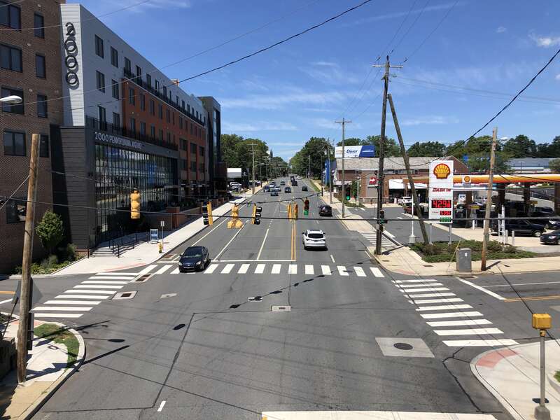 View north along Delaware State Route 52 (Pennsylvania Avenue) from the overpass for the rail line at Union Street in Wilmington, New Castle County, Delaware