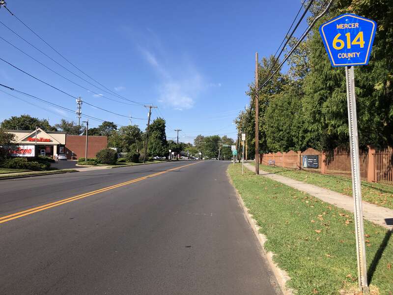 View west along Mercer County Route 614 (Nottingham Way) just west of New Jersey State Route 33 (Greenwood Avenue) in Hamilton Township, Mercer County, New Jersey