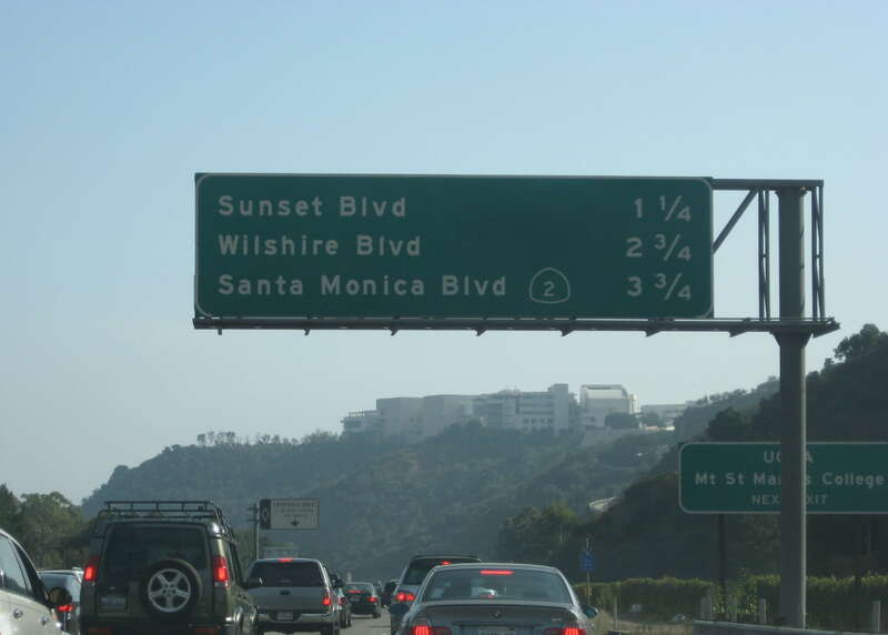 Own photograph of Interstate 405 southbound (downhill) out of the San Fernando Valley, approaching the  J. Paul Getty Center.