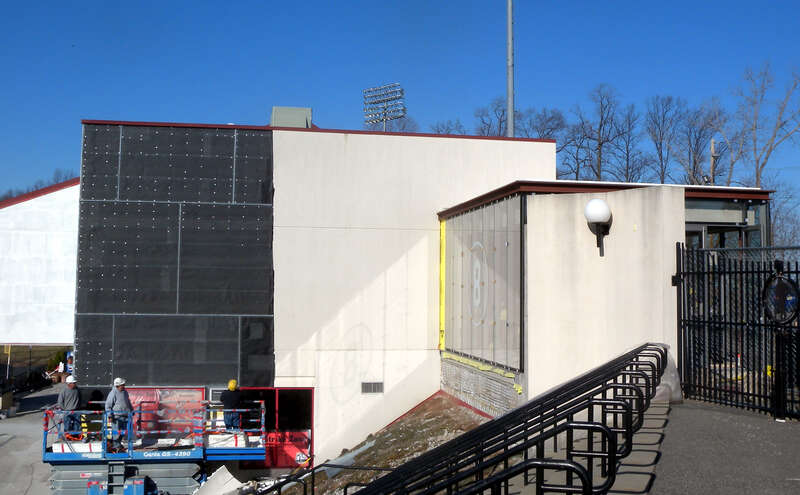 Looking east at Berra Museum on the southeast side of File:Berra Stadium jeh.jpg on a sunny afternoon.