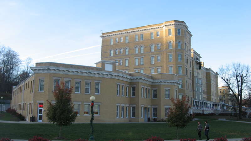 Front and southern end of the French Lick Springs Hotel, located at 8670 W. State Road 56 in French Lick, Indiana, United States.  Built in 1902 and since converted into a casino, it and the surrounding grounds are listed together on the National