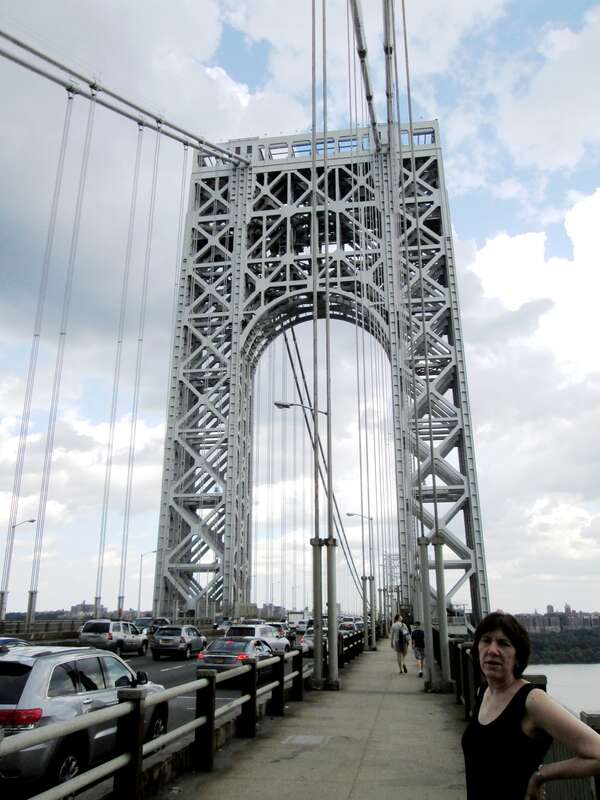 Looking west across the George Washington Bridge from the south walkway at the west tower and south sidewalk