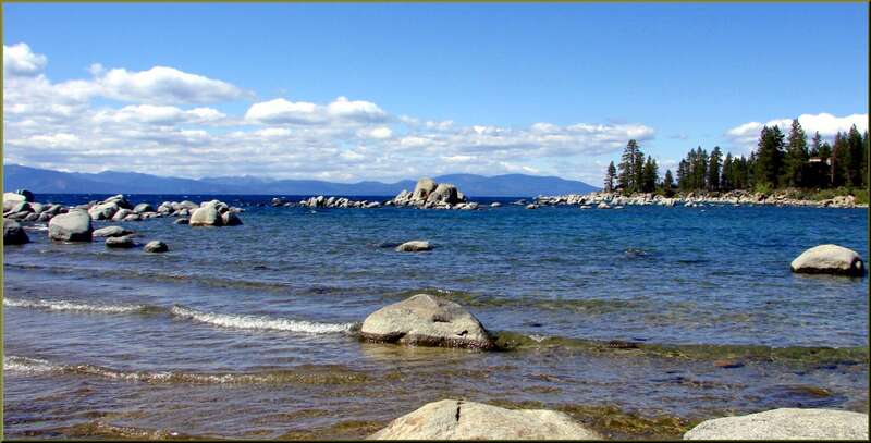 (1 in a 17-picture set)
Cold, clear waves kiss the northeastern shore of Lake Tahoe pushed along by a cool, clean wind.  Ten miles to the east is the CA shore line in the Sierra Nevada.
