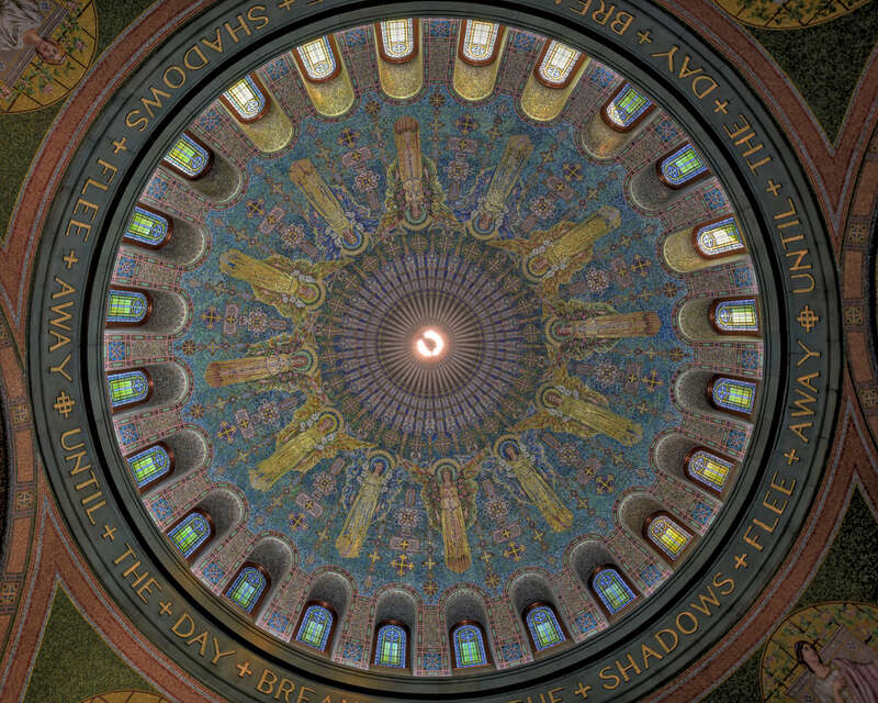 The ceiling of the dome in the Lakewood Cemetery Memorial Chapel, which is modeled on the Hagia Sophia of Constantinople.