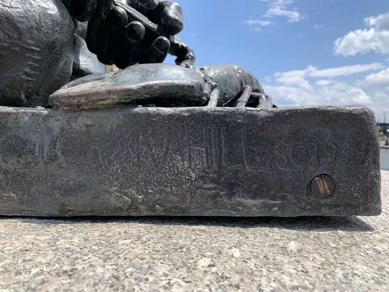The Maine Lobsterman sculpture was made by Victor B. Kahill in 1939. Elroy Johnson was the model. The sculpture is located on the Southwest Waterfront in Washington, D.C.