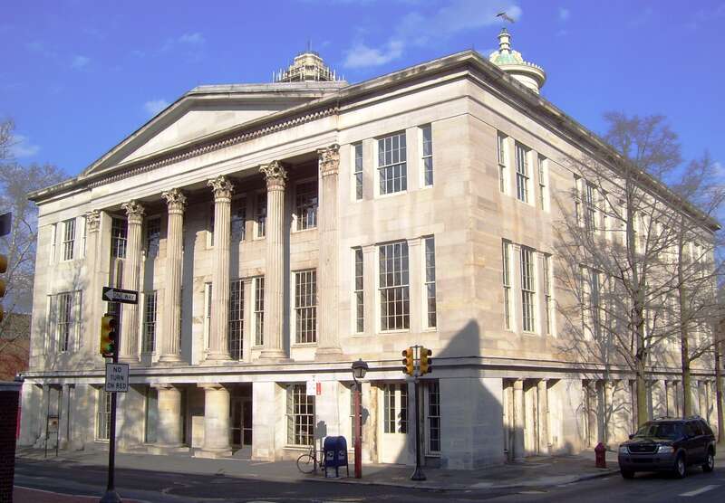 The Merchants' Exchange Building at the intersection of Walnut and S. Third Streets in the Old City neighborhood of Philadelphia, Pennsylvania was built in 1834 and was designed by William Strickland in the Greek revival style.  The oldest stock