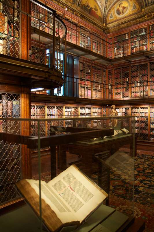 A Gutenberg Bible rests in a case in the library (east) room at the Morgan Library &amp;amp; Museum in New York City.