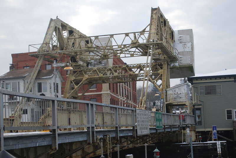 The Mystic River Bascule Bridge, downtown Mystic, Connecticut, in the winter.