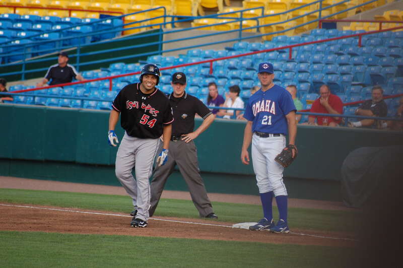 John Lindsey takes a lead off first base during a 2010 game against the Omaha Royals