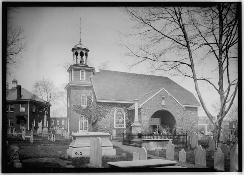 Southwest view of Old Swedes Church (Holy Trinity Church) in Wilmington, DE.  — VIEW FROM THE SOUTHWEST.
On NRHP. built 1698.Image courtesy of the Historic American Building Survey—HABS archives - (1934).April 20, 1934  image; HABS DEL,2-WILM,1-14