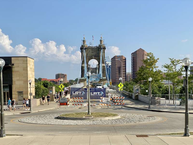 The John A. Roebling Suspension Bridge spans the Ohio River, and connects the cities of Covington, Kentucky and Cincinnati, Ohio. Begun in 1856, it was designed and built by famed engineer John A. Roebling, whom went on to design the more famous