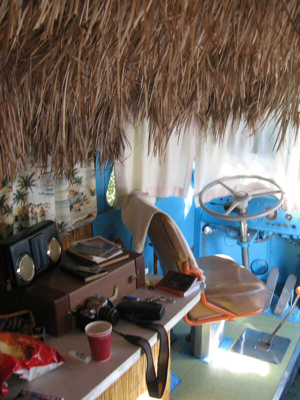 The Tiki Bus at the Shady Dell. This is the drivers seat at the front of the bus.