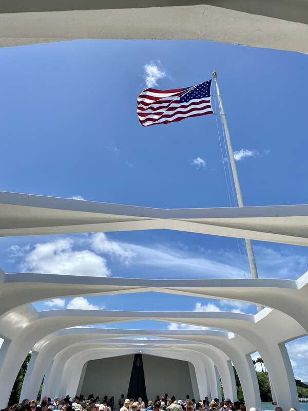 Completed in 1962, this Modern memorial structure was designed by Austrian-born architect Alfred Preis to memorialize those who died in the December 7, 1941 attack on Pearl Harbor, sitting above the remains of the USS Arizona, where 1,102 of the