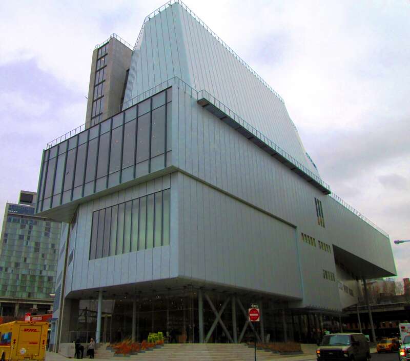 The Whitney Museum of American Art's building at 99 Gansevoort Street between Washington Street and 10th Avenue in the Meatpacking District of Manhattan, New York City, at the end of the High Line, was built in 2011-15 and was designed by Renzo