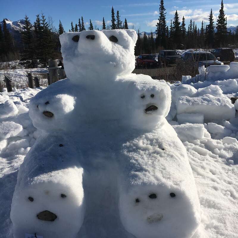 a snow block sculpted to look like a large bear
Winterfest in Denali