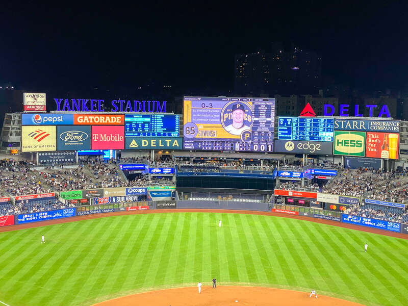 A picture of Yankee Stadium during a game between the Yankees and Pirates.